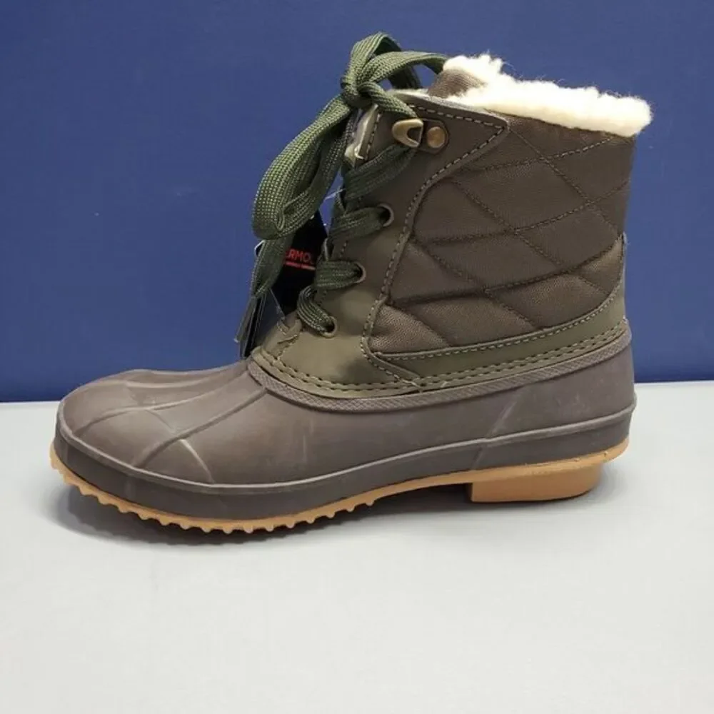 Khombu Zany Waterproof Duck Boots Womens Sz 7 Grey Green Synthetic Faux Fur Trim